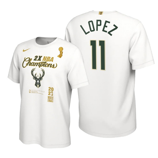 Men's Milwaukee Bucks #11 Brook Lopez 2021 White Finals Champions Locker Room T-Shirt